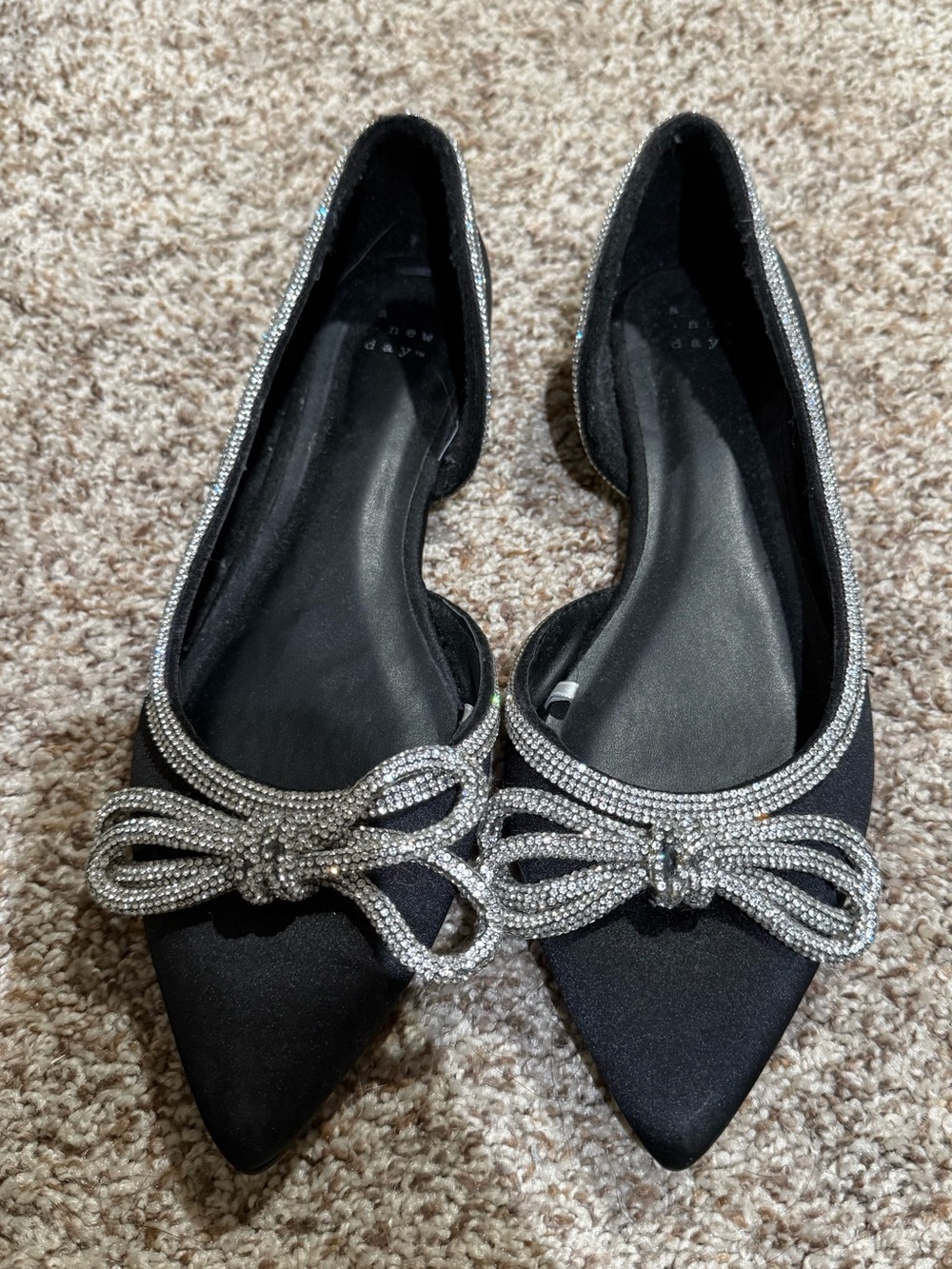 a new day Black Pointed Ballet Flats with Rhinestone Bow